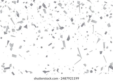 Silber Glitzer Konfetti auf weißem Hintergrund. Illustration eines Tropfens glänzender Partikel. Dekoratives Element. Luxus-Hintergrund für Ihr Design, Karten, Einladungen, Geschenk, VIP.