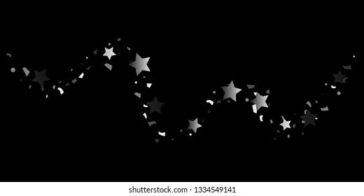 Silver glitter confetti of stars on a black background. Illustration of shiny silver stars. Decorative element. VIP cards, invitations, gift, luxury background for your design.