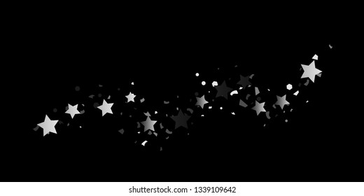 Silver glitter confetti of stars on a black background. Illustration of shiny silver stars. Decorative element. VIP cards, invitations, gift, luxury background for your design.