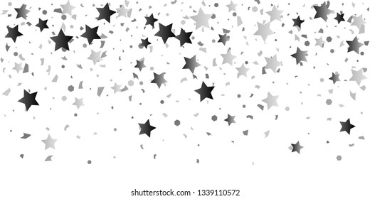 Silver glitter confetti of stars on a white background. Illustration of glittering confetti stars for your design. Decorative element. VIP cards, invitations, gift.