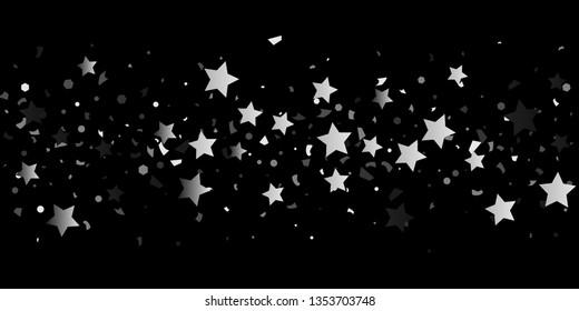 Silver glitter confetti of stars on a black background. Illustration of shiny silver stars. Decorative element. VIP cards, invitations, gift, luxury background for your design.