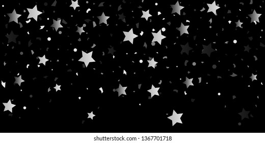 Silver glitter confetti of stars on a black background. Illustration of shiny silver stars. Decorative element. VIP cards, invitations, gift, luxury background for your design.