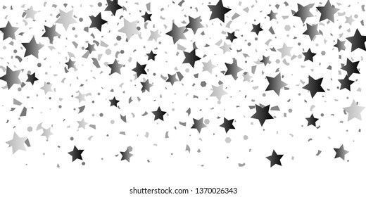 Silver glitter confetti of stars on a white background. Illustration of glittering confetti stars for your design. Decorative element. VIP cards, invitations, gift.