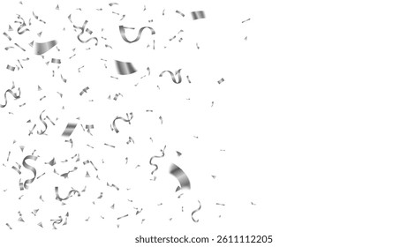 Silver glitter confetti and tinsel serpentine flying decoration background holiday party. template
