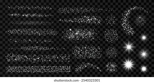 Silver glitter design set with light effect. Isolated strokes, dots, confetti, stars, sunlight, lines, particles on dark background. Abstract luxurious glowing elements for birthday, New Year designs.