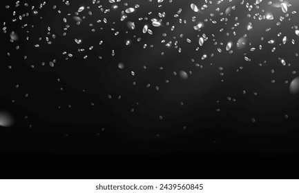 Silber Glitzer Tropfen fliegen in Strahlen realistische Vektor-Illustration. Brillantes Konfetti-Dusche 3D-Design. Festliche Partydekor auf schwarzem Hintergrund
