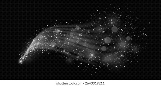 Silver glitter dust trail with glowing particles and sparkling stars. Shimmering swirl on dark background. Ideal for Christmas, New Year or magical celebration themes. Elegant vector illustration.