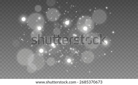 Silver glitter dust and white bokeh light overlay. Abstract sparkling particles create a magical winter or elegant technology effect. Isolated on a transparent background for festive or futuristic des