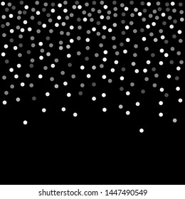 Silver glitter falling from circles on black background. Metal explosion of confetti pattern. Grey grainy abstract texture on black background. Vector illustration