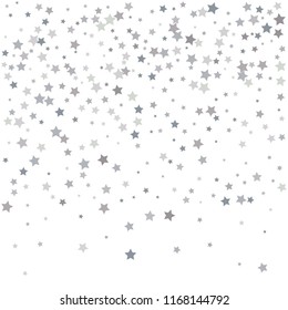 Silver glitter falling stars. Silver sparkle star on white background. Vector template for New year, Christmas, birthday, party, wedding, card, invitation, flyer, voucher, web, header. Star confetti.