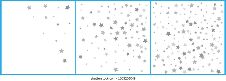 Silver glitter falling stars. Silver sparkle star on white background. Vector template for New year, Christmas, birthday, party, wedding, card, invitation, flyer, voucher, web, header. 