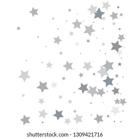 Silver glitter falling stars. Silver sparkle star on white background. Vector template for New year, Christmas, birthday, party, wedding, card, invitation, flyer, voucher, web, header. Star confetti.