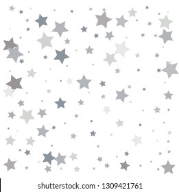 Silver glitter falling stars. Silver sparkle star on white background. Vector template for New year, Christmas, birthday, party, wedding, card, invitation, flyer, voucher, web, header. Star confetti.