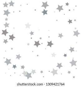 Silver glitter falling stars. Silver sparkle star on white background. Vector template for New year, Christmas, birthday, party, wedding, card, invitation, flyer, voucher, web, header. Star confetti.