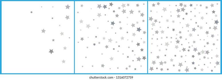 Silver glitter falling stars. Silver sparkle star on white background. Vector template for New year, Christmas, birthday, party, wedding, card, invitation, flyer, voucher, web, header. 