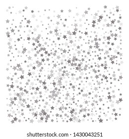Silver glitter falling stars. Silver sparkle star on white background. Vector template for New year, Christmas, birthday, party, wedding, card, invitation, flyer, voucher, web, header. Star confetti.