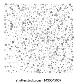 Silver glitter falling stars. Silver sparkle star on white background. Vector template for New year, Christmas, birthday, party, wedding, card, invitation, flyer, voucher, web, header. Star confetti.