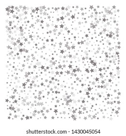 Silver glitter falling stars. Silver sparkle star on white background. Vector template for New year, Christmas, birthday, party, wedding, card, invitation, flyer, voucher, web, header. Star confetti.