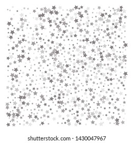 Silver glitter falling stars. Silver sparkle star on white background. Vector template for New year, Christmas, birthday, party, wedding, card, invitation, flyer, voucher, web, header. Star confetti.