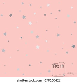 Silver glitter falling stars. Silver sparkle star on pink background. Vector template for New year, Christmas, birthday, party, wedding, card, invitation, flyer, voucher, web, header. Star confetti.