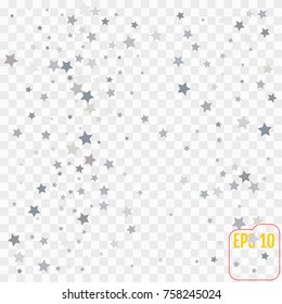 Silver glitter falling stars. Silver sparkle star on transparent  background. Vector template for New year, Christmas, birthday, party, card, invitation, flyer, voucher, web, header. Star confetti.