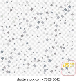 Silver glitter falling stars. Silver sparkle star on transparent  background. Vector template for New year, Christmas, party, wedding, card, invitation, flyer, voucher, web, header. Star confetti.