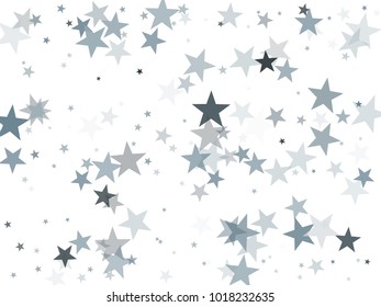 Silver glitter falling stars vector template for birthday party, wedding invitation card, flyer, voucher, web header.  Silver sparkle stars confetti glitter on white background.