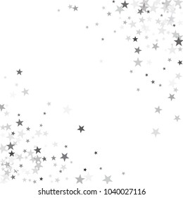 Silver glitter falling stars vector template for birthday party, wedding invitation card, flyer, voucher, Christmas banner.  Silver sparkle stars confetti glitter corners on white.