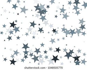 Silver glitter falling stars vector template for birthday party, wedding invitation card, flyer, voucher, Christmas banner.  Silver sparkle stars holiday confetti glitter on white background.