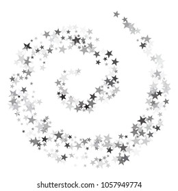 Silver glitter falling stars vector template for birthday party, wedding invitation card, flyer, voucher, Christmas banner.  Silver sparkle stars confetti glitter on white.