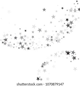 Silver glitter falling stars vector template for birthday party, wedding invitation card, flyer, voucher, holiday banner.  Silver sparkle stars party confetti glitter on white background.