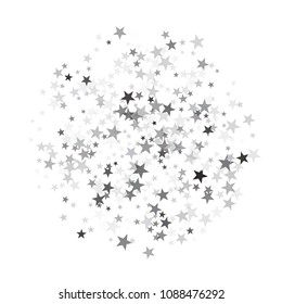 Silver glitter falling stars vector template for birthday party, wedding invitation card, flyer, voucher, web header.  Silver sparkle stars confetti glitter on white background.