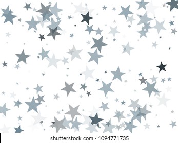 Silver glitter falling stars vector template for birthday party, wedding invitation card, flyer, voucher, Christmas banner.  Silver sparkle stars party confetti glitter on white background.