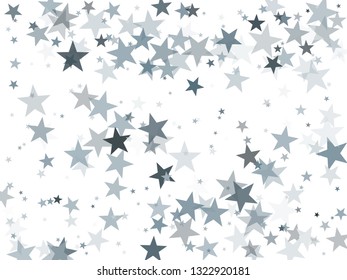 Silver glitter falling stars vector template for birthday party, wedding invitation card, flyer, voucher, web header.  Silver sparkle stars confetti glitter on white.