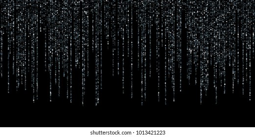 Silver glitter festoons falling confetti garlands holiday background vector illustration. Confetti dust falling down, holiday lights, garlands vertical lines. Sparkles glitter, tinsels design.