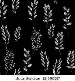 Silver glitter, floral element on black background