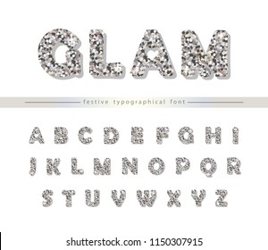 Silver glitter font isolated on white. Modern decorative alphabet for holiday design.