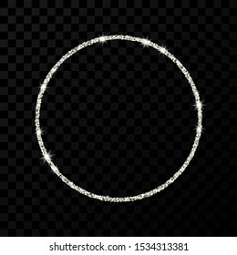 Silver glitter frame. Circle frame with shiny stars and sparkles on dark transparent background. Vector illustration