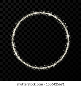 Silver glitter frame. Circle frame with shiny stars and sparkles on dark transparent background. Vector illustration
