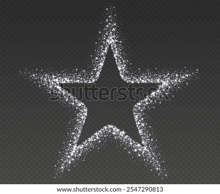 Silver glitter frame, shimmering border in star shape, festive holiday sparkles. Christmas decoration. Vector illustration.