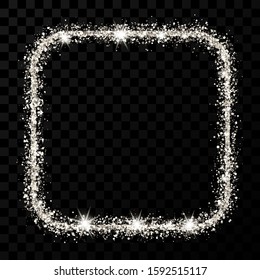 Silver glitter frame. Square with rounded corners frame with shiny sparkles on dark transparent background. Vector illustration