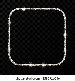 Silver glitter frame. Square with rounded corners frame with shiny sparkles on dark transparent background. Vector illustration