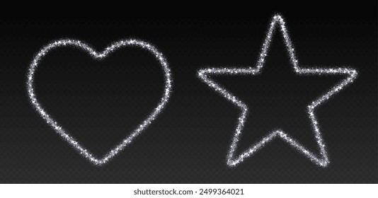 Silver glitter frames, shimmering borders in heart and star shapes, festive holiday sparkles. Christmas decoration. Vector illustration.