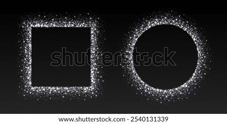 Silver glitter frames, shimmering borders in circle and square shapes, festive holiday sparkles. Christmas decoration. Vector illustration.