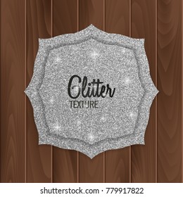 Silver, glitter greeting card on wood background, vector illustration