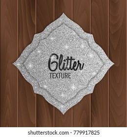 Silver, glitter greeting card on wood background, vector illustration