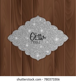 Silver, glitter greeting card on wood background, vector illustration