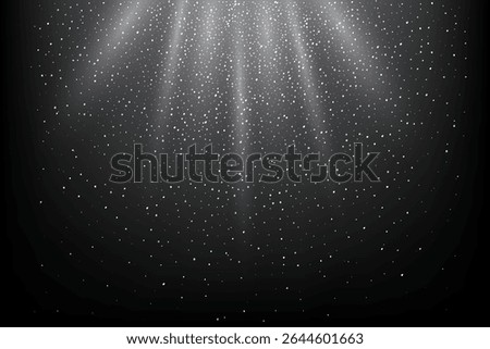 Silver glitter light background. Shiny white sparkles falling with glowing rays on dark backdrop. Festive abstract scene for celebration, luxury design, or holiday decoration. Vector illustration.