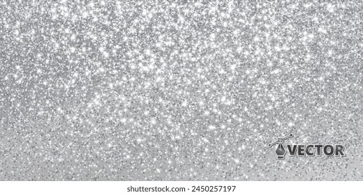 Silver glitter lights background. Sparkling glittering rain effect. Celebration backdrop for Christmas, wedding, birthday party. Luxury metallic banner, card. Vector.