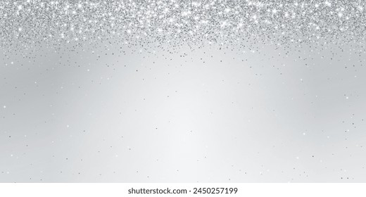 Silver glitter lights background. Sparkling glittering rain effect. Celebration backdrop for Christmas, wedding, birthday party. Luxury metallic frame, border. Vector.